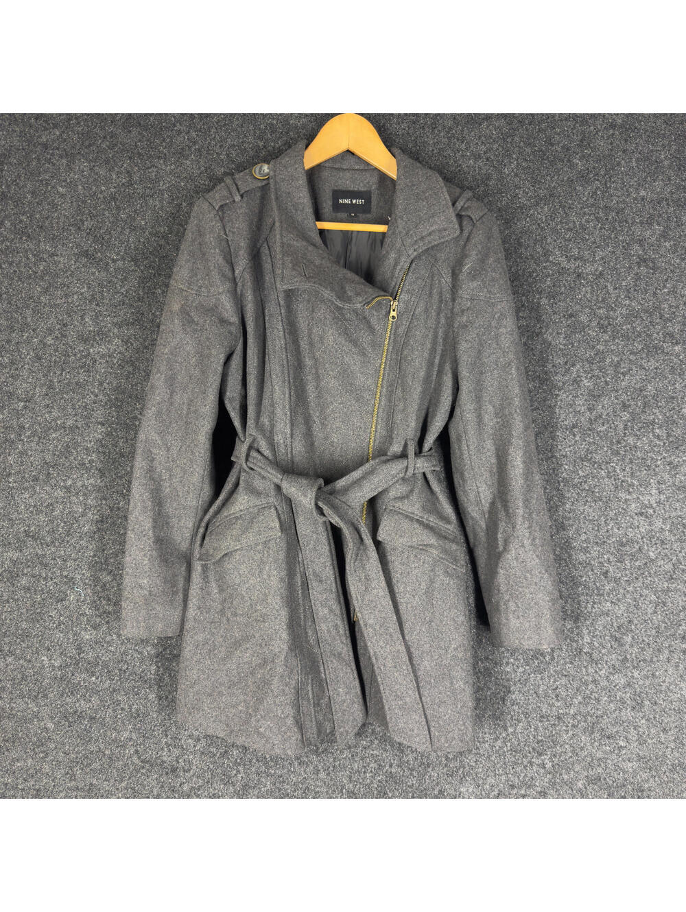 Nine West Coat Women 12 Gray Wool Knit Full Zip Collared Long Sleeve Belted
